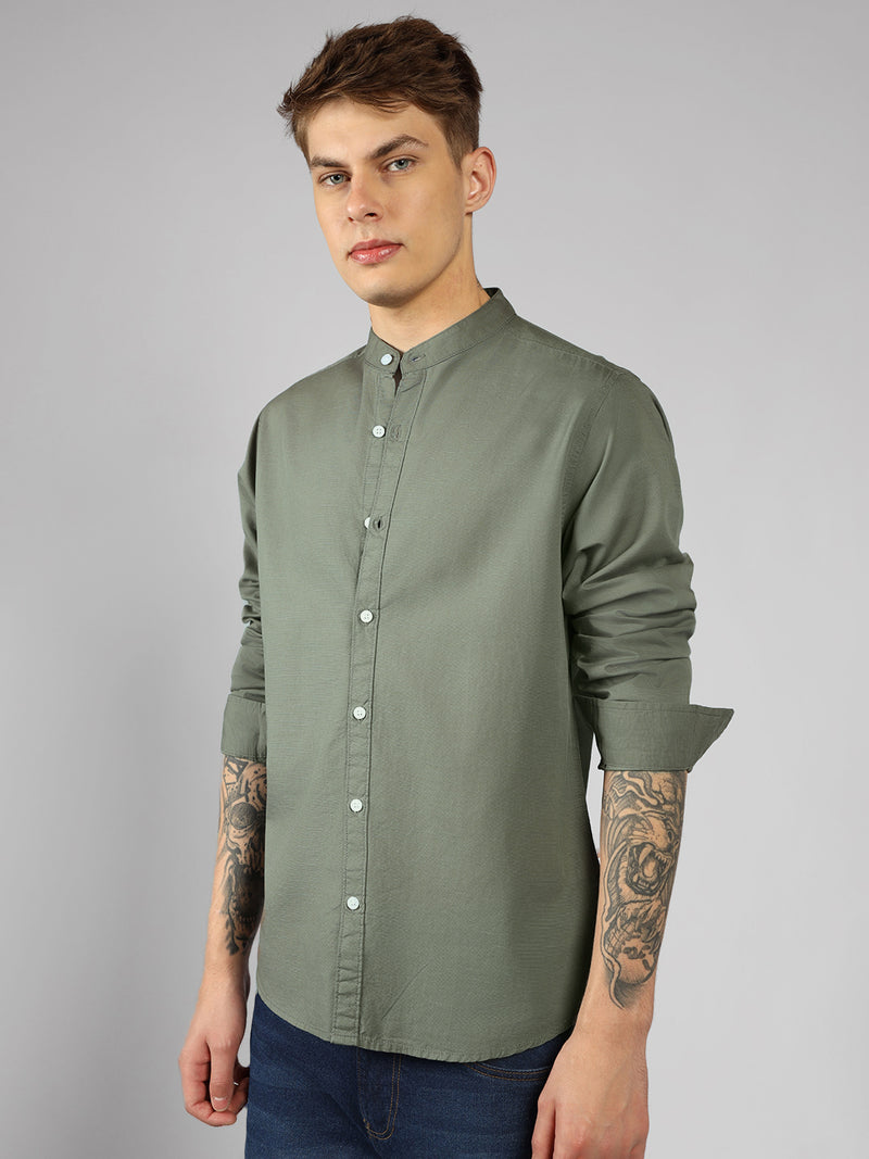 Men's Olive Solid Mandarin Collar Full sleeve Regular Shirt