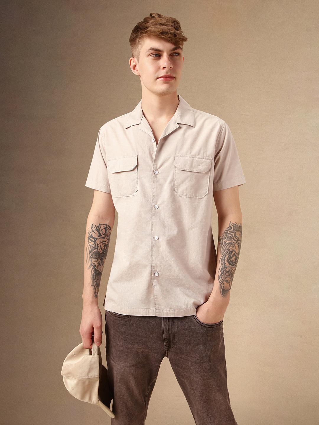 Men's Beige Solid Cuban Collar Half Sleeves Cotton Casual Shirt