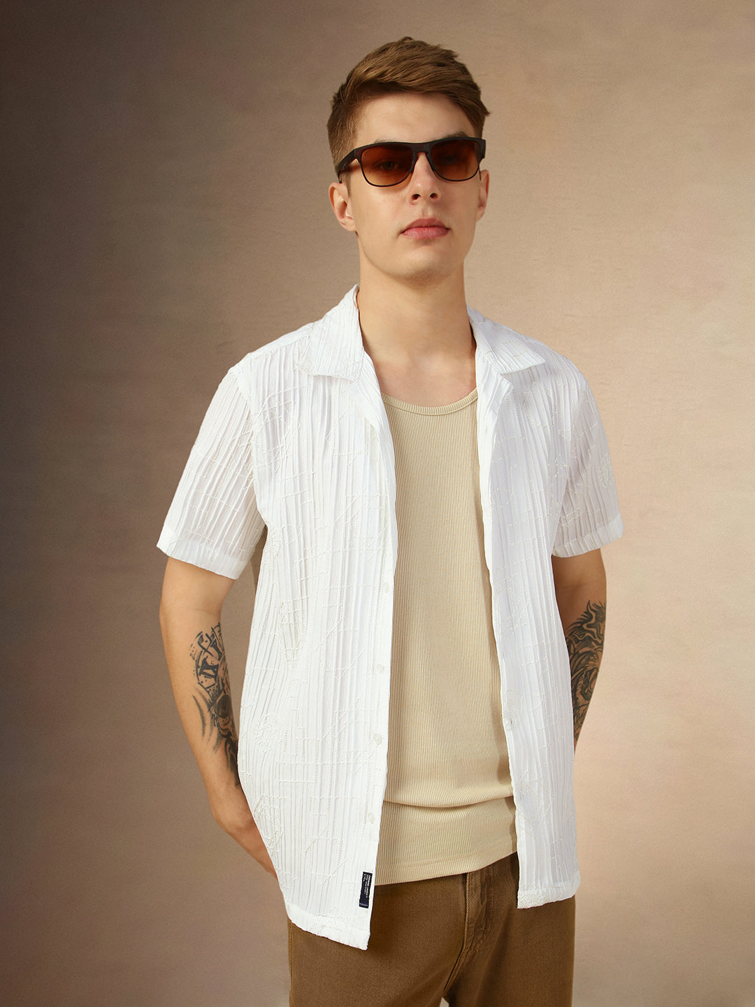 Men's White Textured Cuban Collar Half Sleeves Regular Fit Shirt