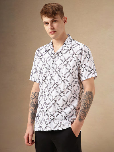 Men's White Printed Cuban Collar Half Sleeves Casual Shirt