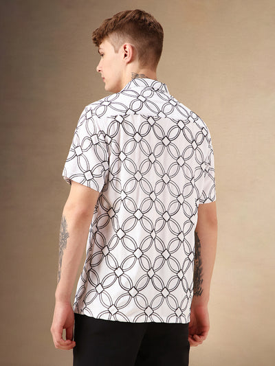 Men's White Printed Cuban Collar Half Sleeves Casual Shirt