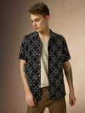 Men's Black Printed Cuban Collar Half Sleeves Relaxed Fit Shirt