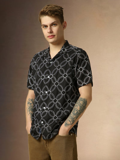 Men's Black Printed Cuban Collar Half Sleeves Relaxed Fit Shirt