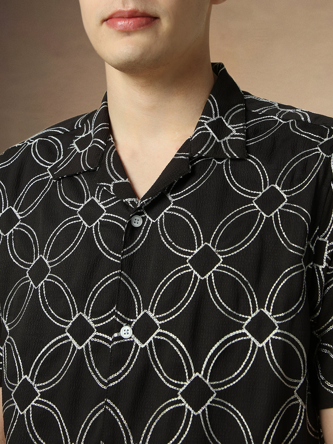 Men's Black Printed Cuban Collar Half Sleeves Relaxed Fit Shirt