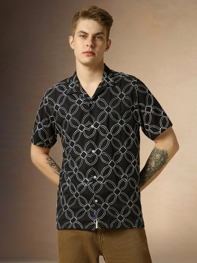 Men's Black Printed Cuban Collar Half Sleeves Relaxed Fit Shirt