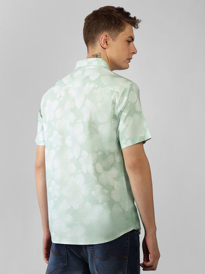 Men's Green Floral Print Spread Collar Short Sleeves Relaxed Fit Casual Shirt