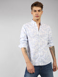 Men's Blue Spread Collar Printed Casual Shirt