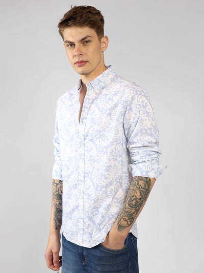 Men's Blue Spread Collar Printed Casual Shirt