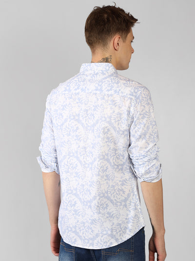 Men's Blue Spread Collar Printed Casual Shirt