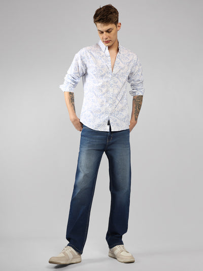 Men's Blue Spread Collar Printed Casual Shirt