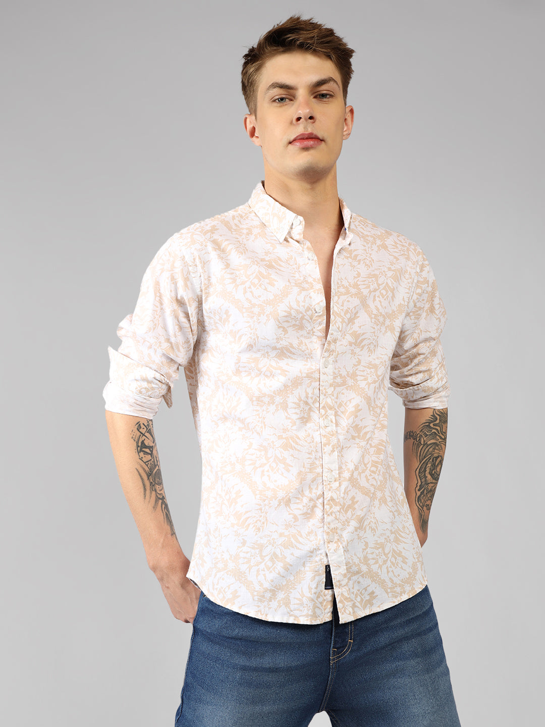 Men's  Floral Print Spread Collar Long Sleeves Relaxed Fit Casual Shirt