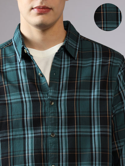 Men's Blue Tartan Checks Spread Collar Long Sleeves Relaxed Fit Casual Shirt