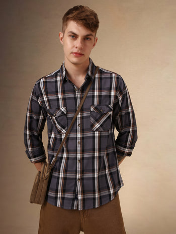 Men's Grey Tartan Checks Spread Collar Long Sleeves Relaxed Fit Casual Shirt