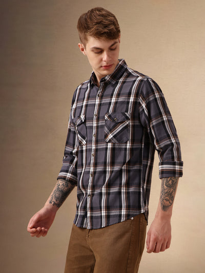 Men's Grey Tartan Checks Spread Collar Long Sleeves Relaxed Fit Casual Shirt