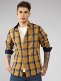 Men's Yellow Checks Spread Collar Casual Shirt