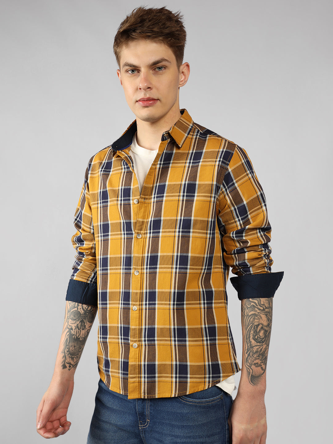 Men's Yellow Checks Spread Collar Casual Shirt