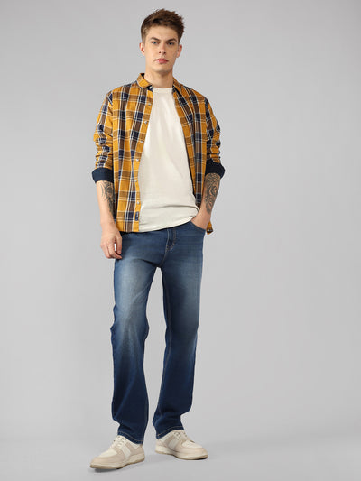 Men's Yellow Checks Spread Collar Casual Shirt