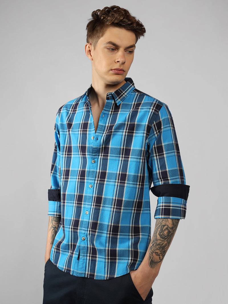 Men's Blue Checks Spread Collar Full sleeve Relaxed Shirt