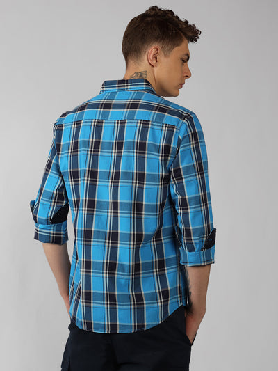 Men's Blue Checks Spread Collar Full sleeve Relaxed Shirt