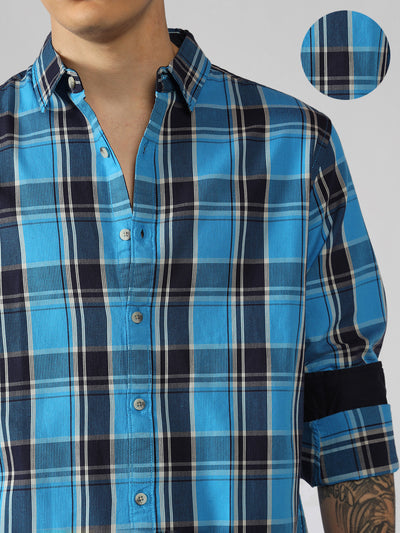 Men's Blue Checks Spread Collar Full sleeve Relaxed Shirt