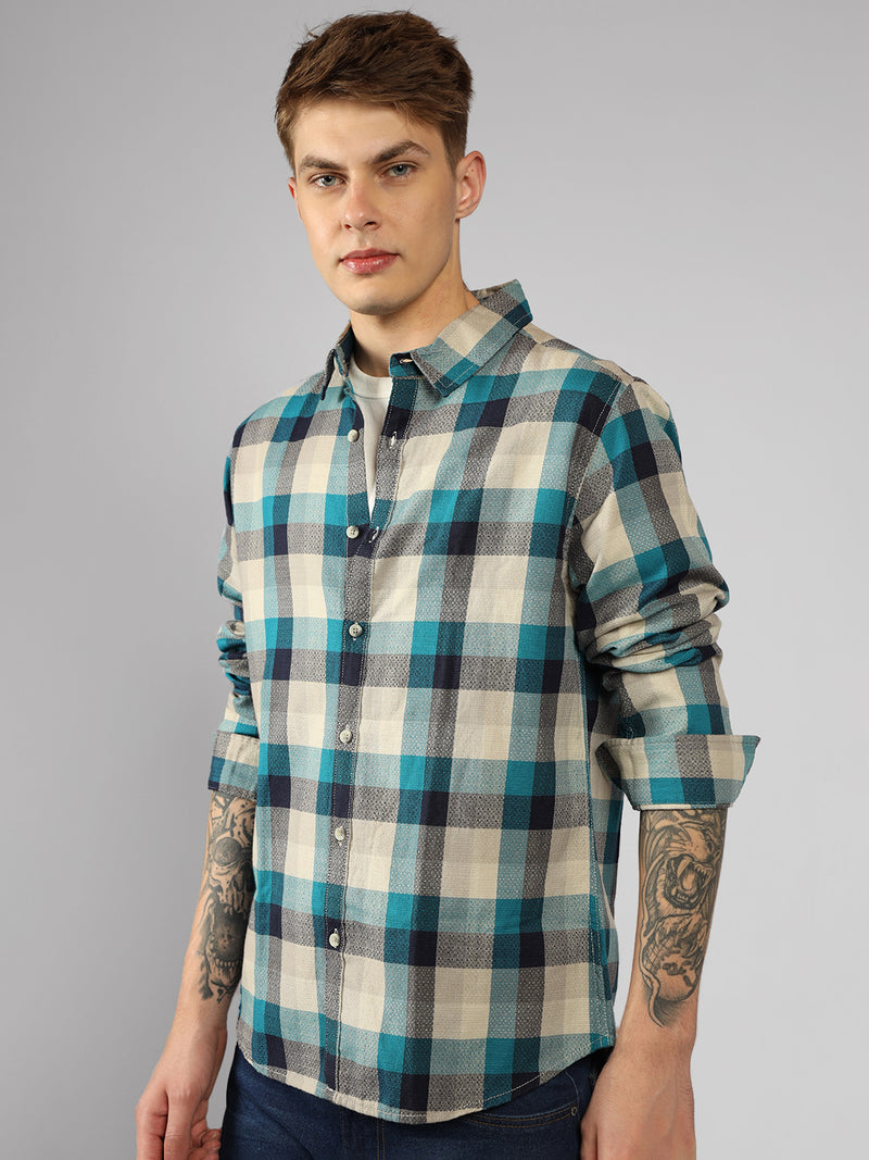 Men's Blue Tartan Checks Spread Collar Long Sleeves Relaxed Fit Casual Shirt