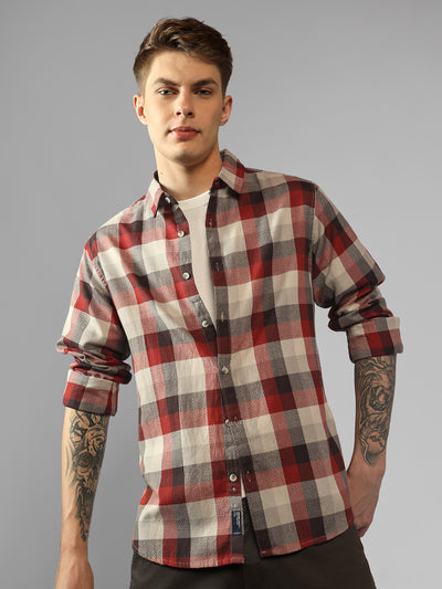 Men's Red Tartan Checks Spread Collar Long Sleeves Relaxed Fit Casual Shirt