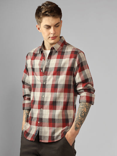 Men's Red Tartan Checks Spread Collar Long Sleeves Relaxed Fit Casual Shirt