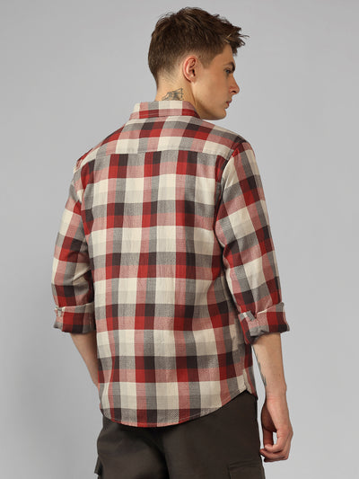 Men's Red Tartan Checks Spread Collar Long Sleeves Relaxed Fit Casual Shirt