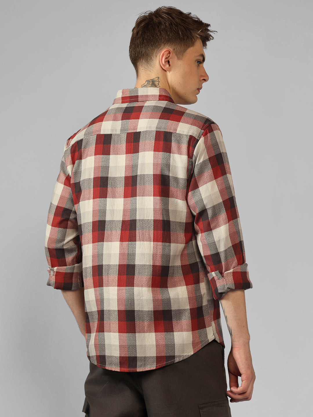 Men's Red Tartan Checks Spread Collar Long Sleeves Relaxed Fit Casual Shirt