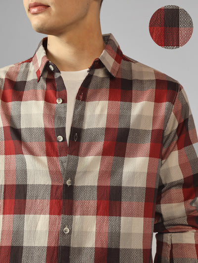 Men's Red Tartan Checks Spread Collar Long Sleeves Relaxed Fit Casual Shirt