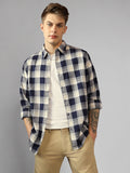 Men's Navy Blue Buffalo Checks Spread Collar Long Sleeves Relaxed Fit Casual Shirt