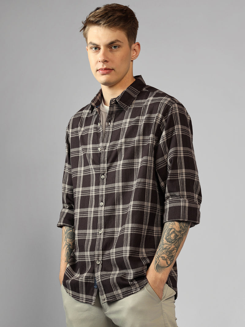 Men's Brown Tartan Checks Spread Collar Long Sleeves Relaxed Fit Casual Shirt