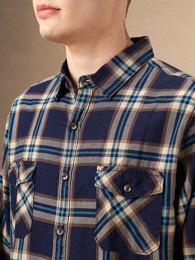 Men's Navy Blue Tartan Checks Spread Collar Long Sleeves Relaxed Fit Casual Shirt