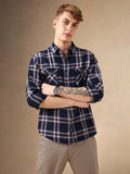 Men's Navy Blue Tartan Checks Spread Collar Long Sleeves Relaxed Fit Casual Shirt