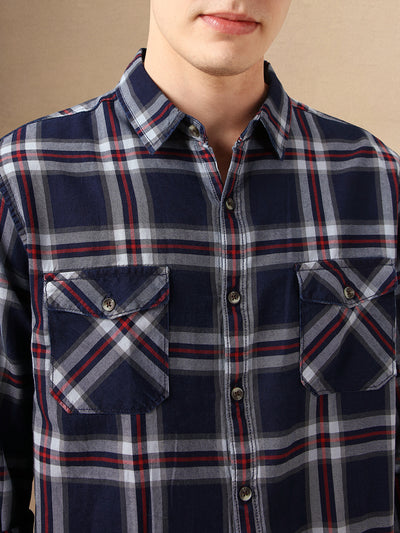 Men's Navy Blue Tartan Checks Spread Collar Long Sleeves Relaxed Fit Casual Shirt