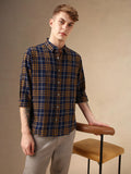 Men's Yellow Tartan Checks Spread Collar Long Sleeves Relaxed Fit Casual Shirt