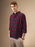 Men's Red Tartan Checks Spread Collar Long Sleeves Relaxed Fit Casual Shirt