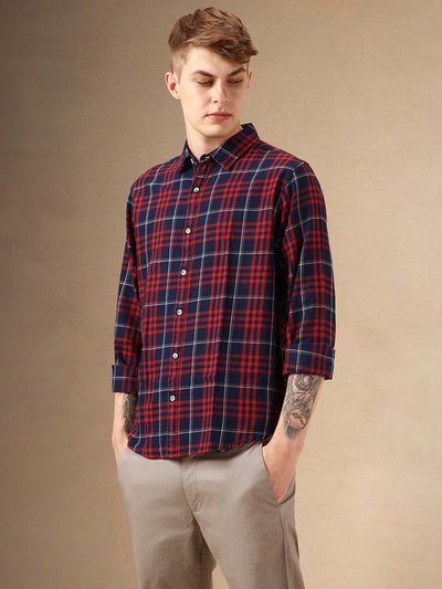 Men's Red Tartan Checks Spread Collar Long Sleeves Relaxed Fit Casual Shirt