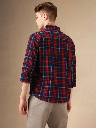 Men's Red Tartan Checks Spread Collar Long Sleeves Relaxed Fit Casual Shirt