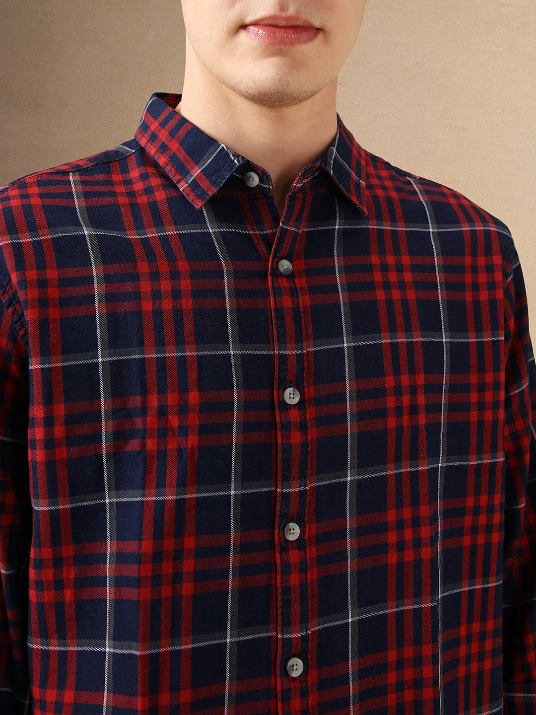 Men's Red Tartan Checks Spread Collar Long Sleeves Relaxed Fit Casual Shirt