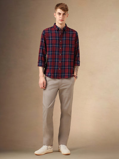 Men's Red Tartan Checks Spread Collar Long Sleeves Relaxed Fit Casual Shirt