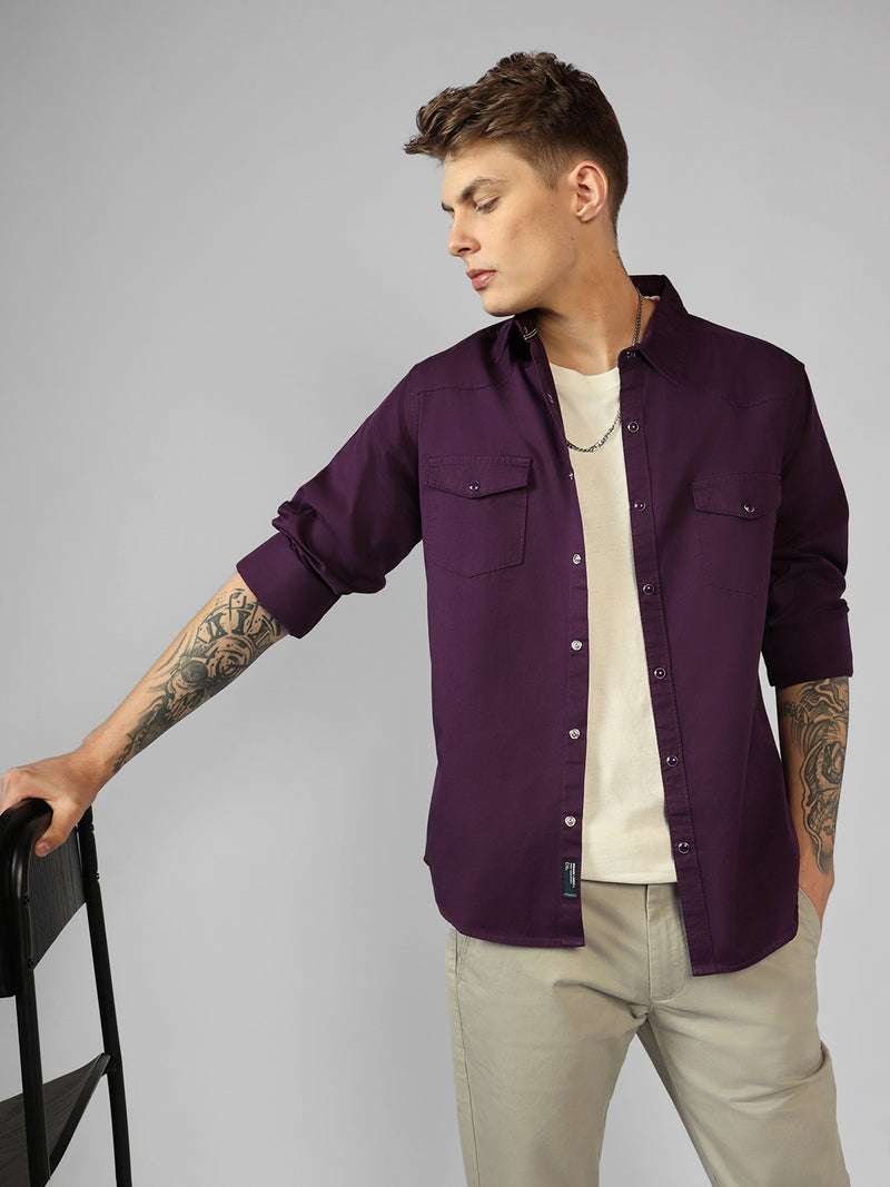 Men's Purple Solid Spread Collar Full Sleeve Regular fit Shirt