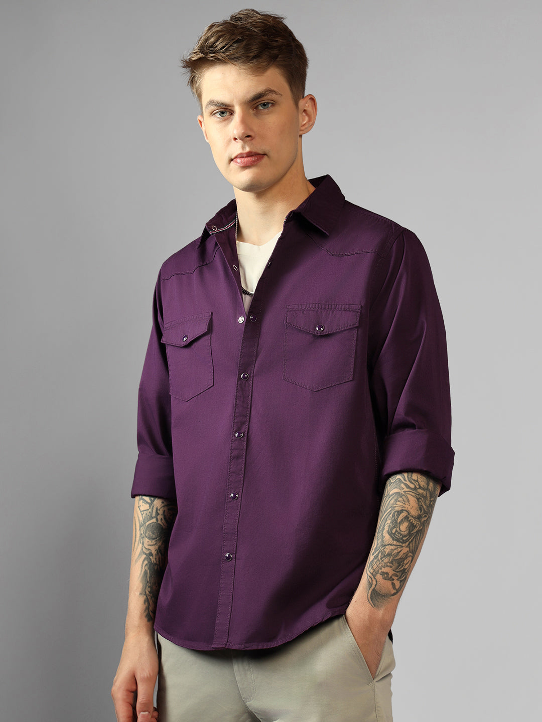 Men's Purple Solid Spread Collar Full Sleeve Regular fit Shirt