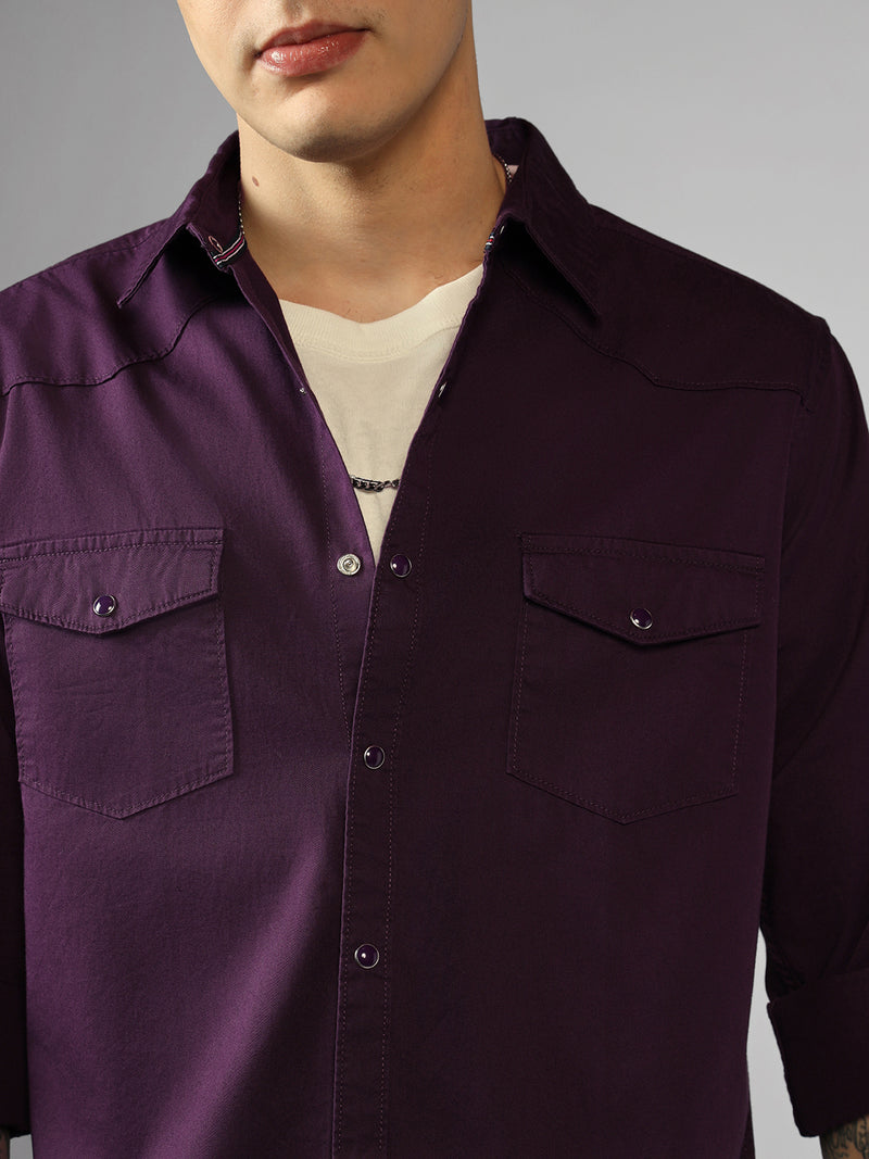 Men's Purple Solid Spread Collar Full Sleeve Regular fit Shirt