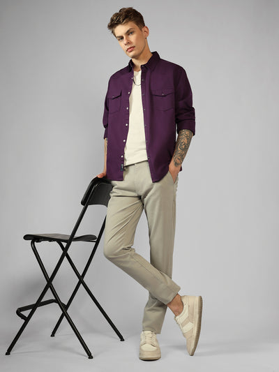 Men's Purple Solid Spread Collar Full Sleeve Regular fit Shirt