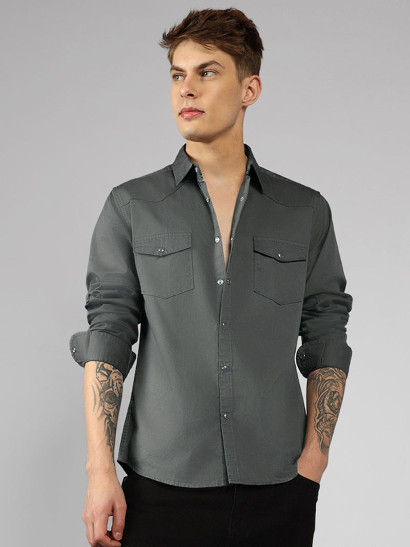 Men's Dark Grey Solid Spread Collar Long Sleeves Relaxed Fit Casual Shirt