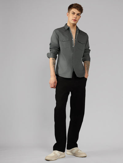 Men's Dark Grey Solid Spread Collar Long Sleeves Relaxed Fit Casual Shirt