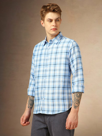 Men's Blue Checks Spread Collar Full Sleeves Shirt