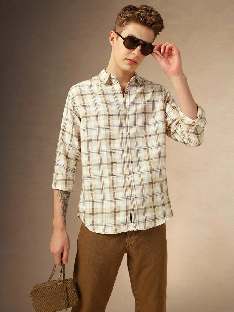 Men's Brown Checks Spread Collar Full Sleeves Shirt