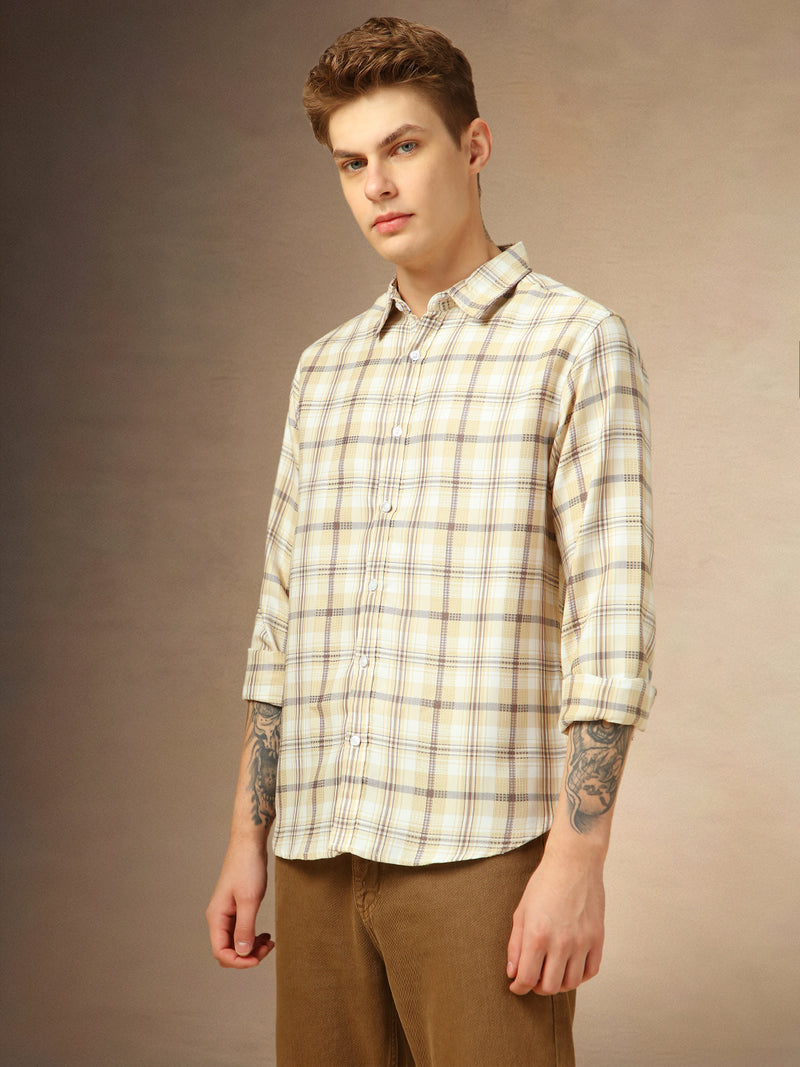 Men's Brown Checks Spread Collar Full Sleeves Shirt